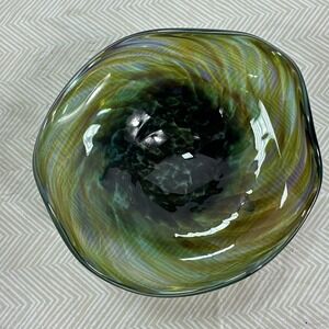 Hand Blown Art Glass Speckled Green Blue Decorative Bowl‎ Signed Footed Wavy